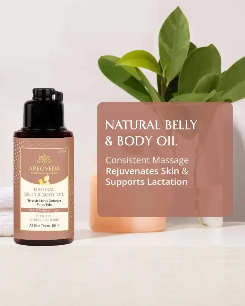 Areoveda Natural Belly & Body Oil bottle with a plant on a light background