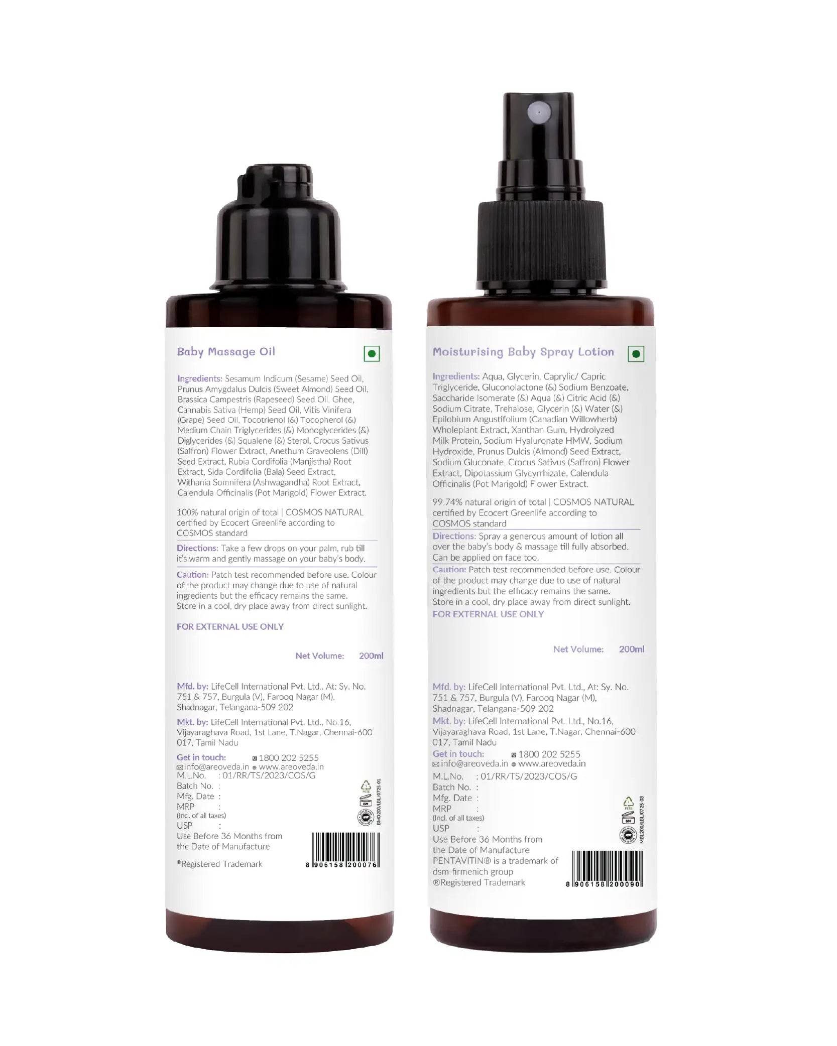 Two bottles of body products with labels on a white background