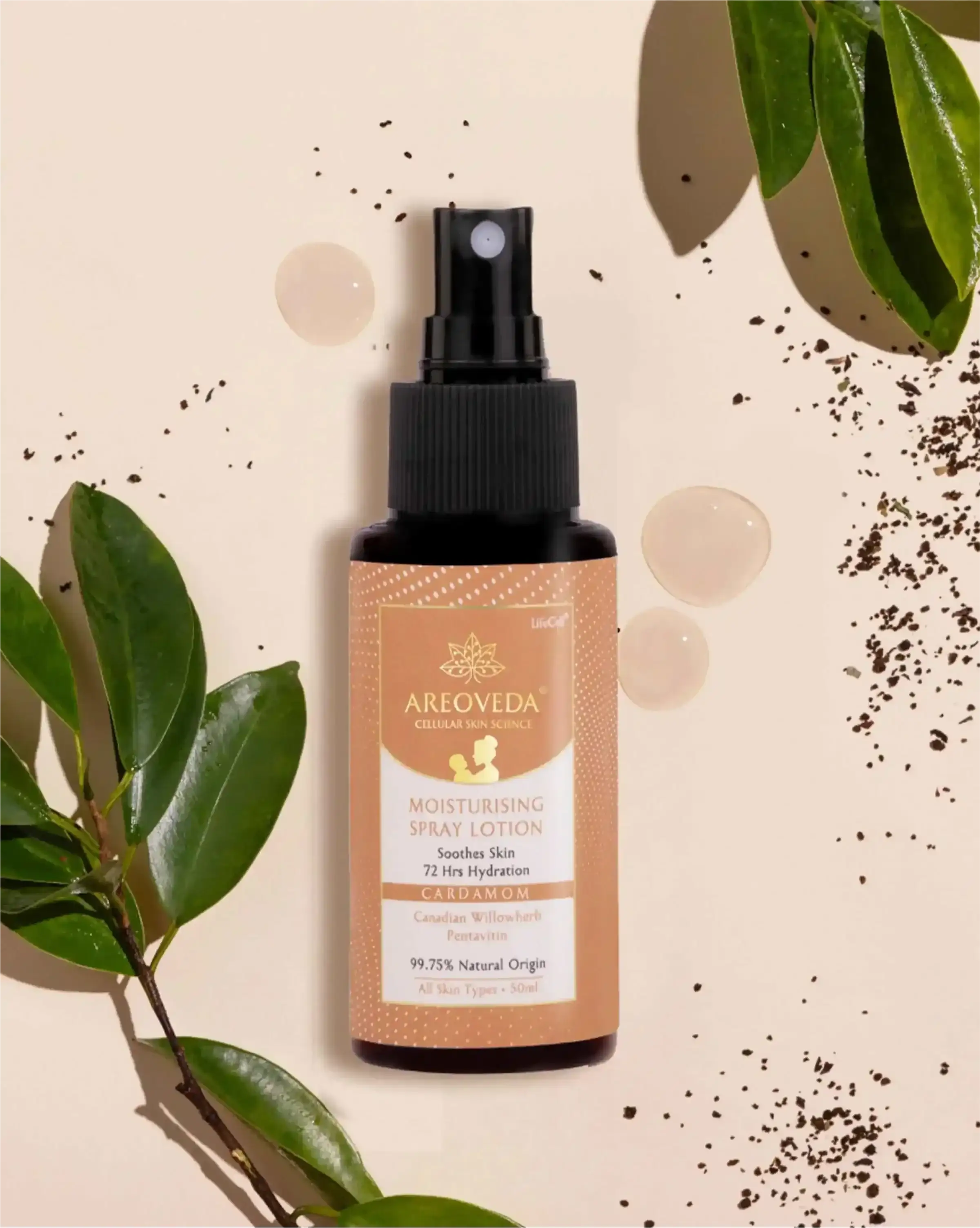 Areoveda moisturizing spray lotion bottle with leaves on a beige background