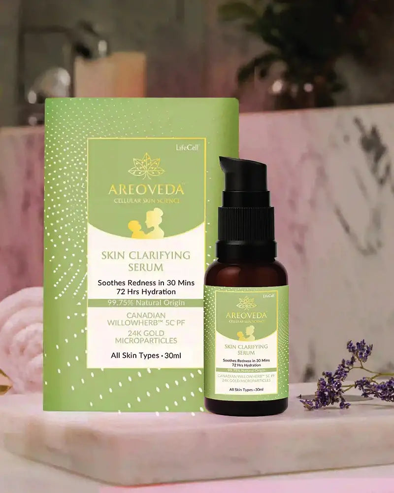Areloveda skin clarifying serum with packaging on a blurred background