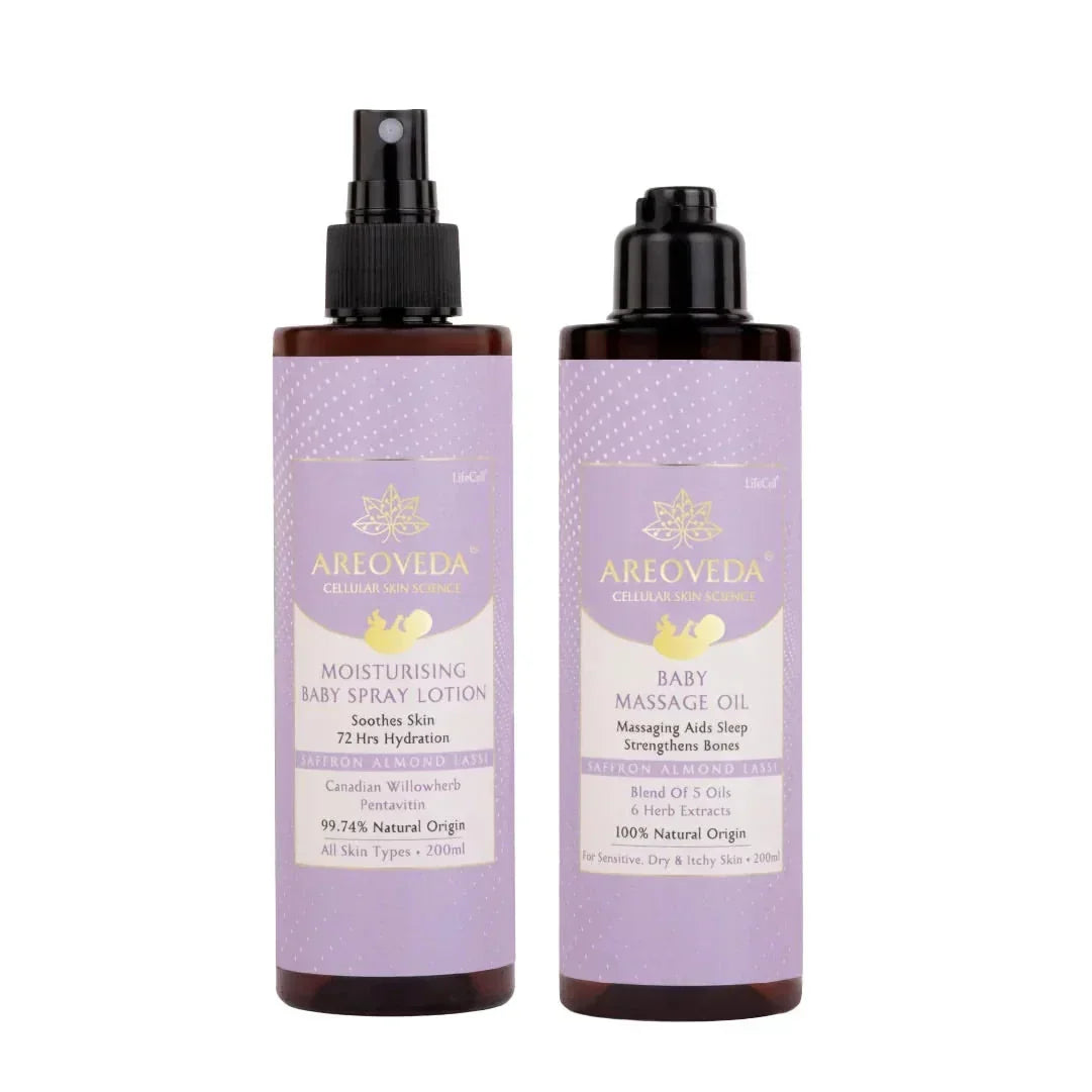 Two bottles of Areoveda baby care products on a white background