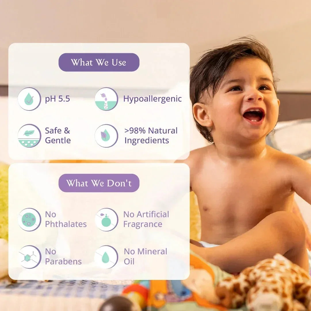 Child in a bathtub with product safety information displayed