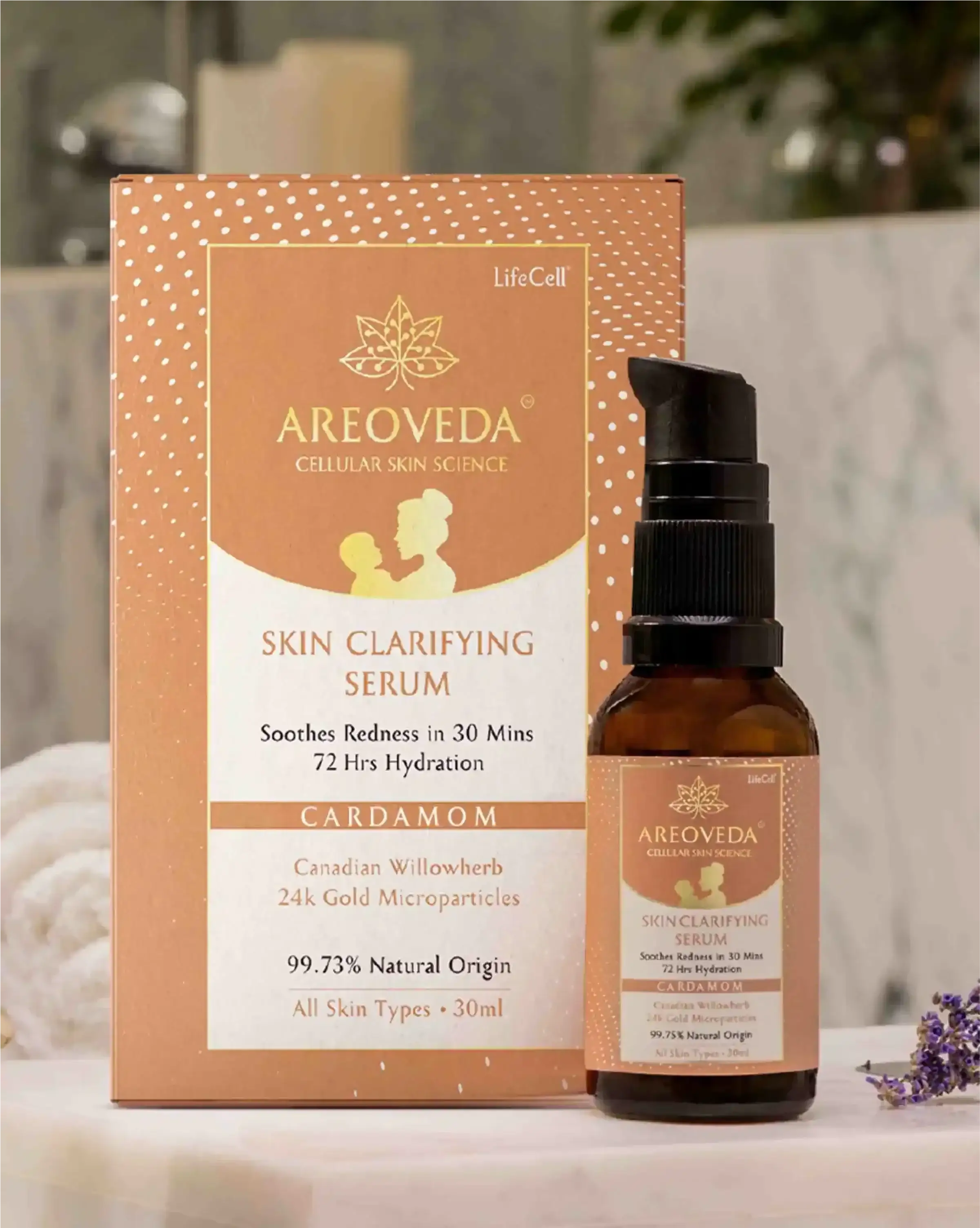 Areoveda Skin Clarifying Serum bottle and packaging on a blurred background