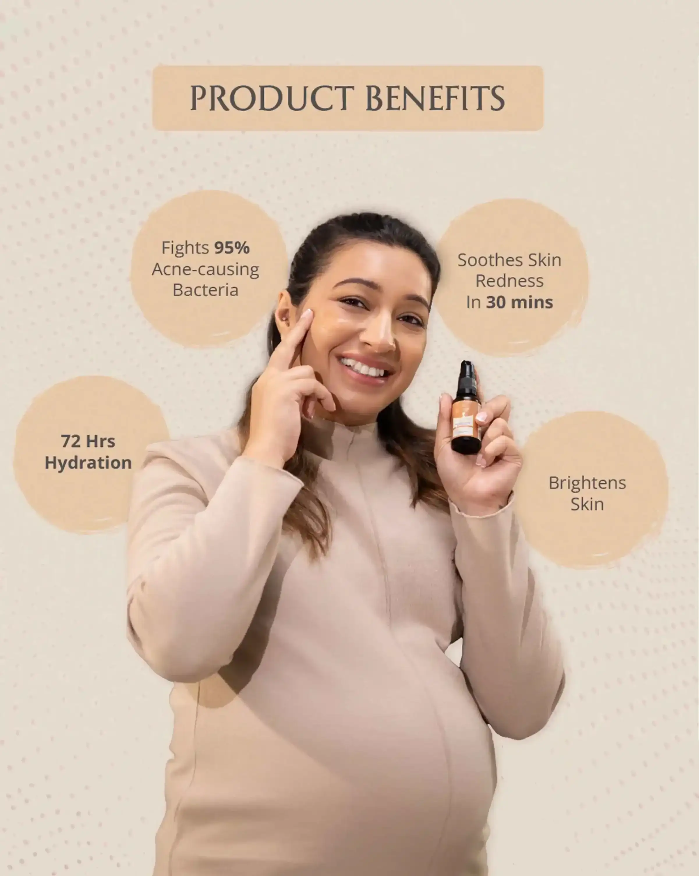 Woman holding a bottle with product benefits listed around her on a beige background