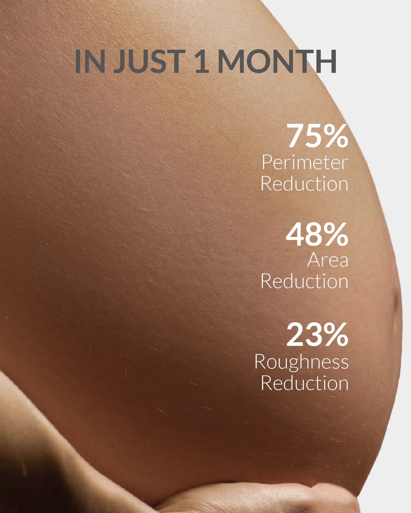 Close-up of a person's skin with text indicating reduction percentages on a beige background