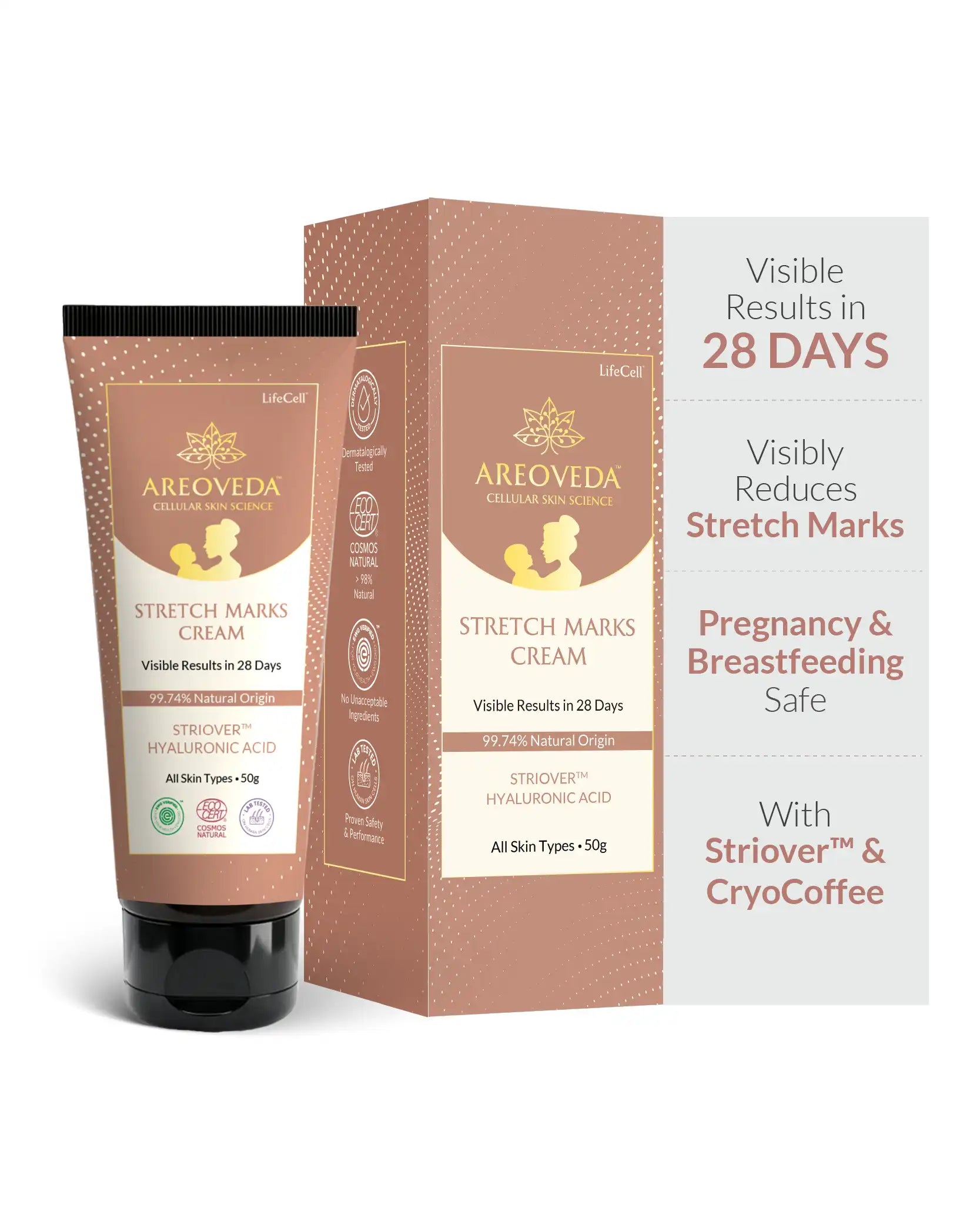 Areoveda Stretch Marks Cream with packaging on a white background