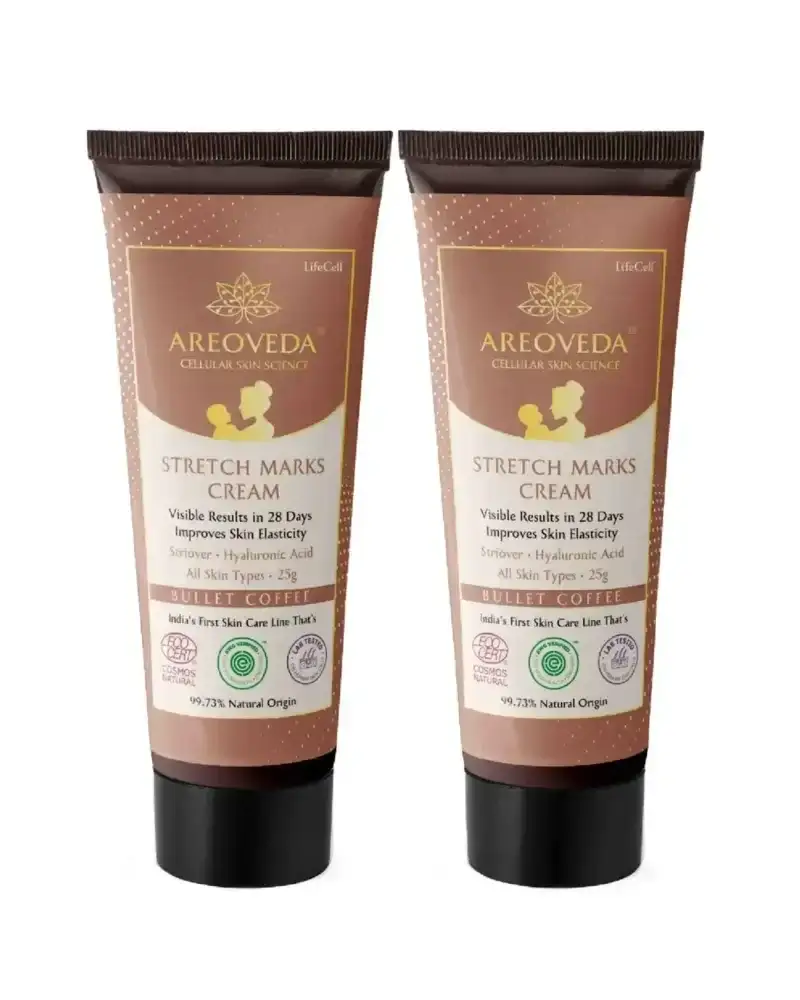 Two tubes of Areoveda Stretch Marks Cream on a white background